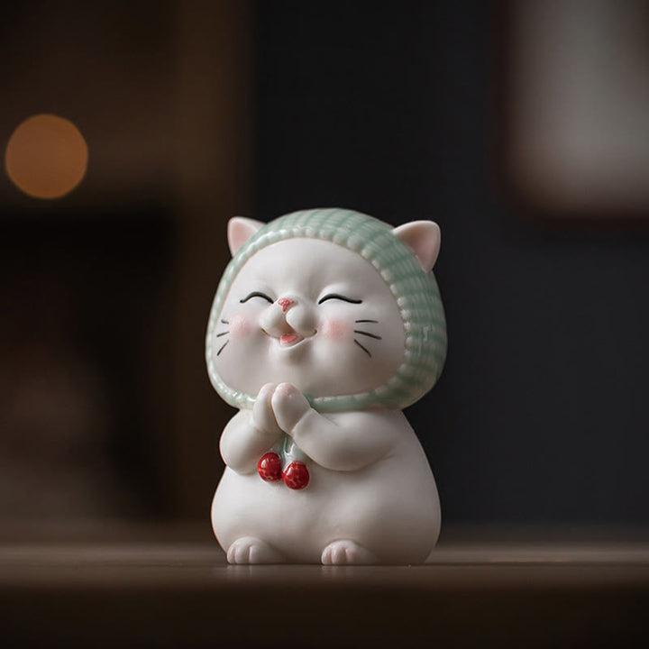 Buddha Stones Lucky Cute Cat In Sciarpa Decorazione Figurina in Ceramica - image 9