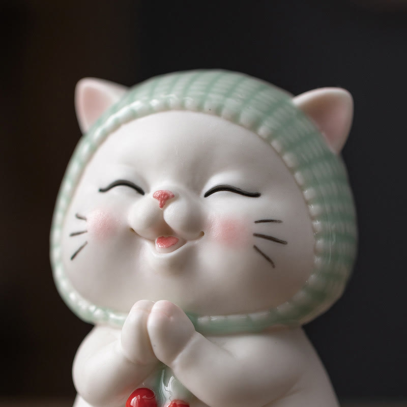 Buddha Stones Lucky Cute Cat In Sciarpa Decorazione Figurina in Ceramica - image 11