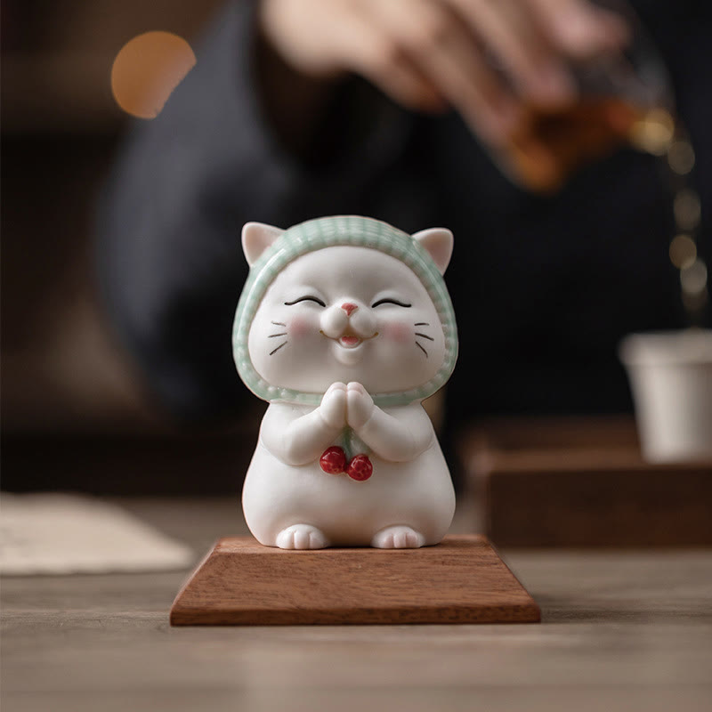 Buddha Stones Lucky Cute Cat In Sciarpa Decorazione Figurina in Ceramica - image 15