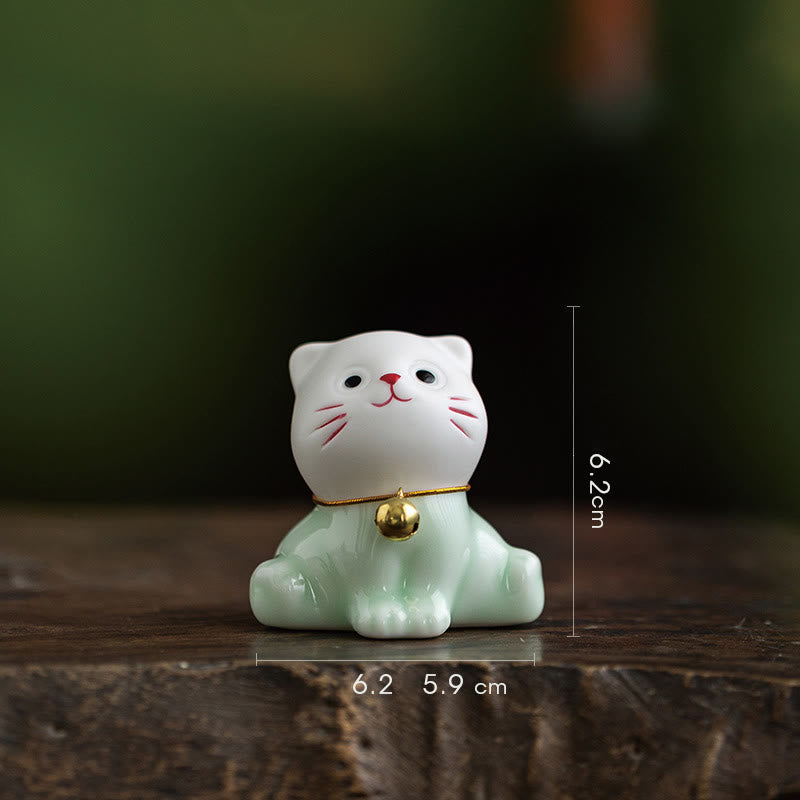 Buddha Stones Mini Lucky Cute Cat Figurina in ceramica verde chiaro bianca Decorazione - Gatto 6,2* 5,9 *6,2 cm - image 4