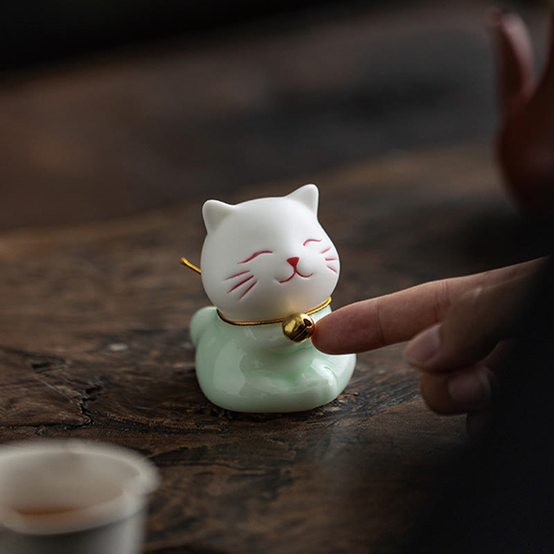 Buddha Stones Mini Lucky Cute Cat Figurina in ceramica verde chiaro bianca Decorazione - image 17