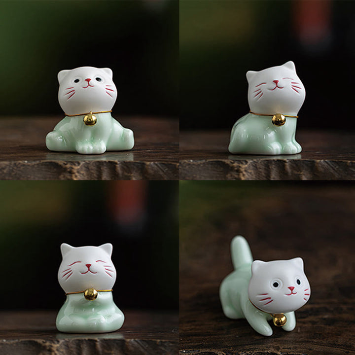 Buddha Stones Mini Lucky Cute Cat Figurina in ceramica verde chiaro bianca Decorazione - image 21