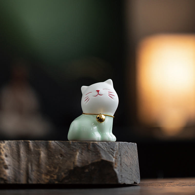 Buddha Stones Mini Lucky Cute Cat Figurina in ceramica verde chiaro bianca Decorazione - image 3