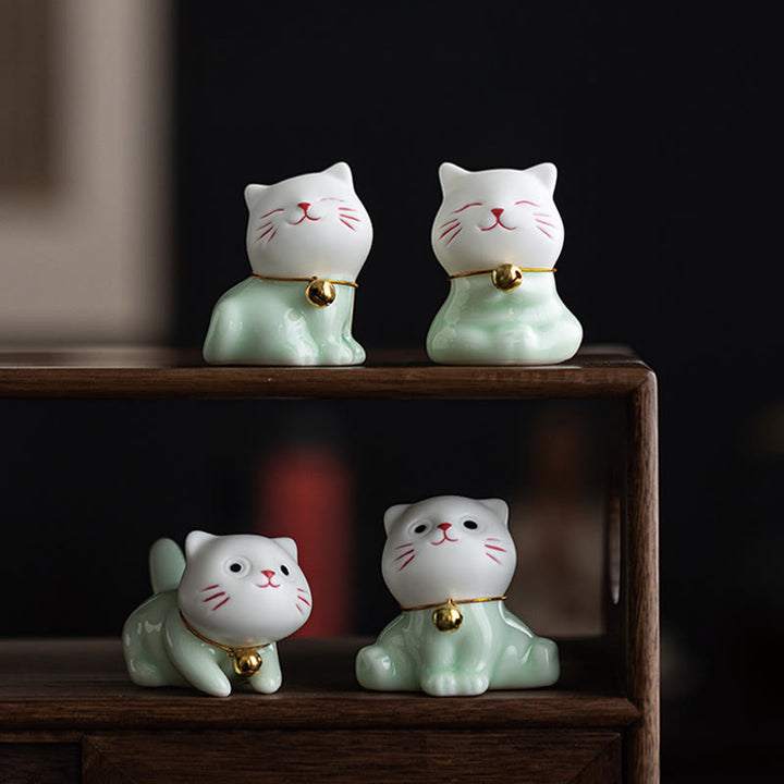 Buddha Stones Mini Lucky Cute Cat Figurina in ceramica verde chiaro bianca Decorazione - image 20