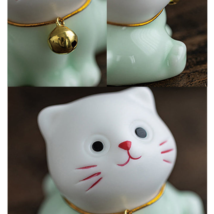Buddha Stones Mini Lucky Cute Cat Figurina in ceramica verde chiaro bianca Decorazione - image 11