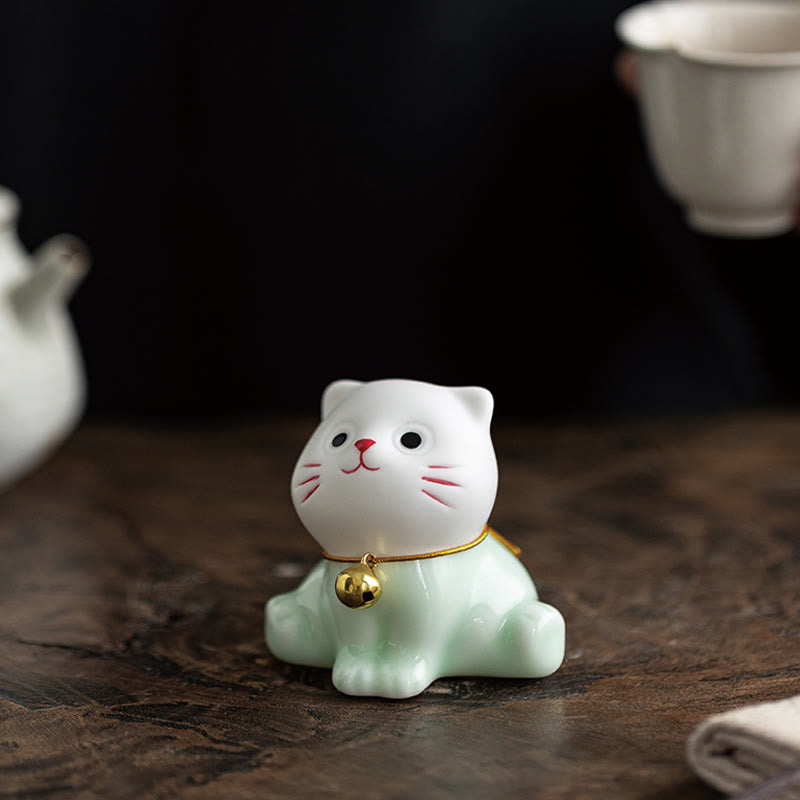 Buddha Stones Mini Lucky Cute Cat Figurina in ceramica verde chiaro bianca Decorazione - image 7