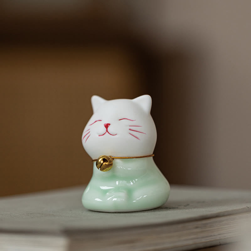 Buddha Stones Mini Lucky Cute Cat Figurina in ceramica verde chiaro bianca Decorazione - image 18