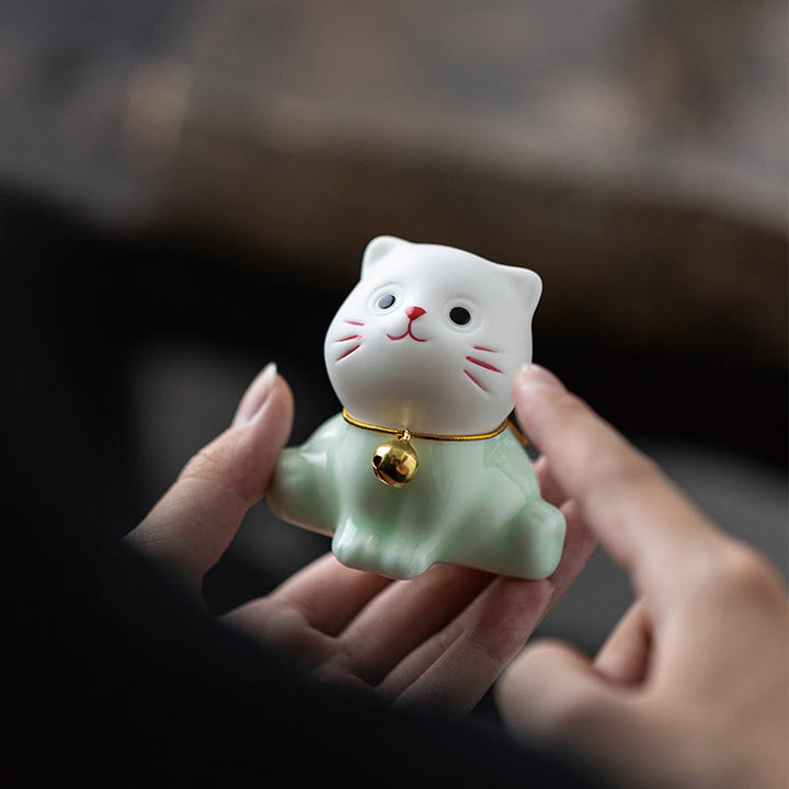 Buddha Stones Mini Lucky Cute Cat Figurina in ceramica verde chiaro bianca Decorazione - image 8