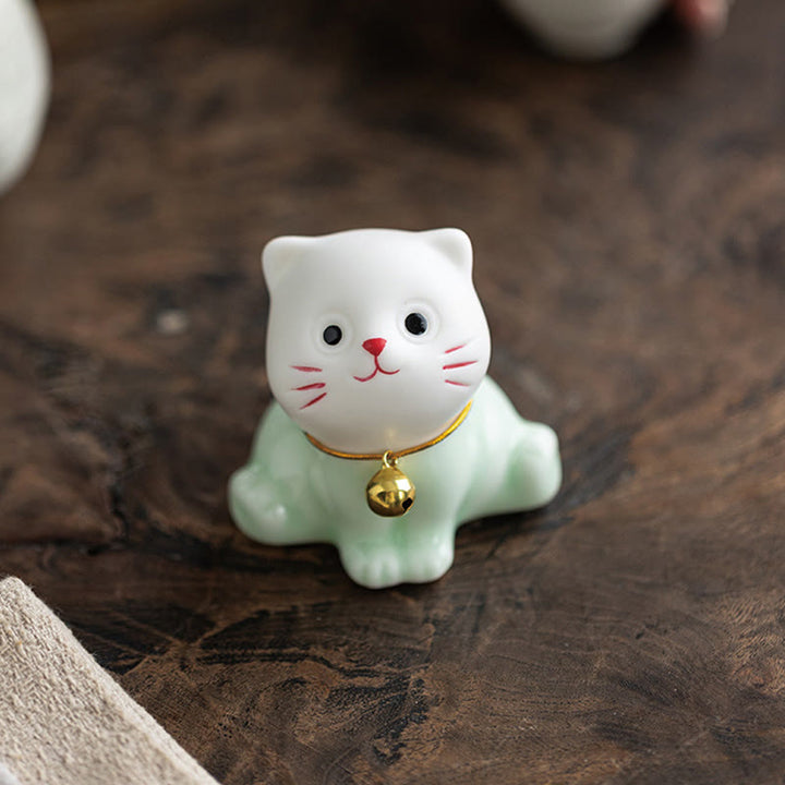 Buddha Stones Mini Lucky Cute Cat Figurina in ceramica verde chiaro bianca Decorazione - image 6