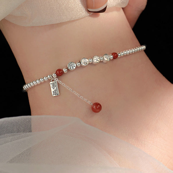 Buddha Stones 925 Sterling Silver Piccole Perle Agata Rossa Pace E Gioia Benedizione Cavigliera - image 7