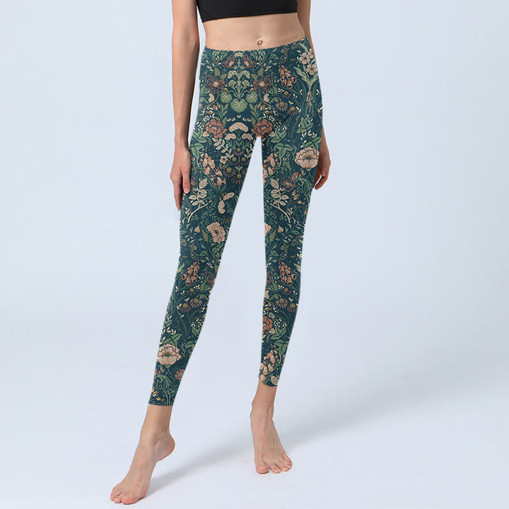 Leggings da palestra con stampa a motivo di Buddha Stones Green Stitching Flowers Vines da donna, pantaloni da yoga - image 5