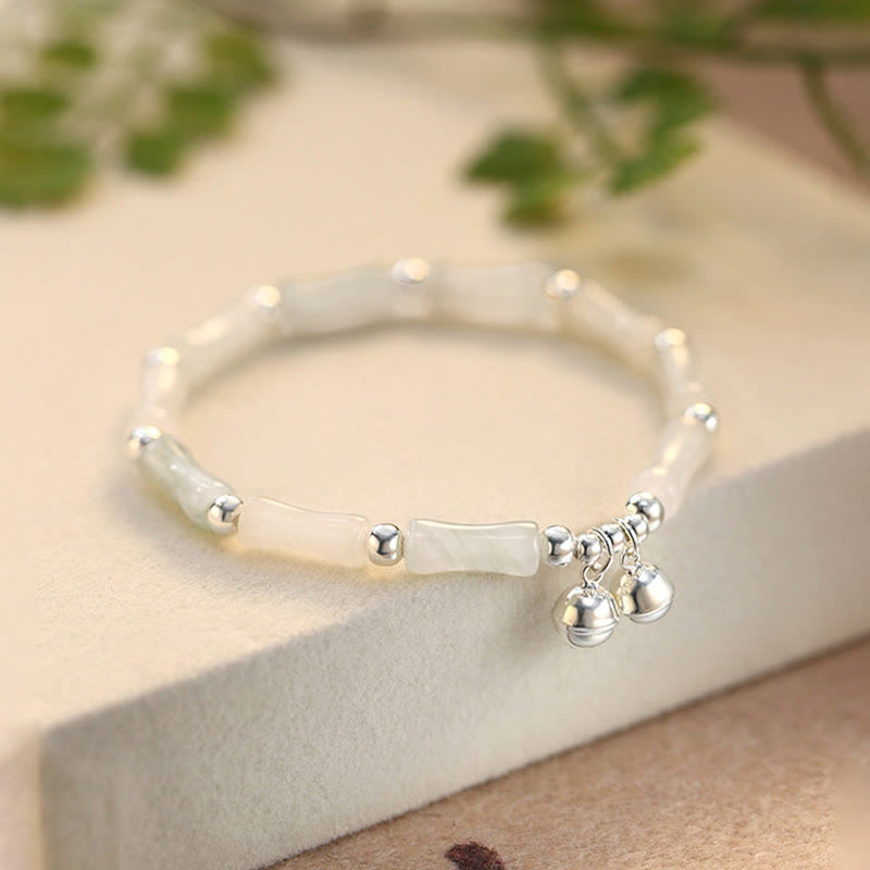 Braccialetto Buddha Stones 925 Sterling Silver Natural White Jade Bamboo Bell Charm Luck Happiness - image 1