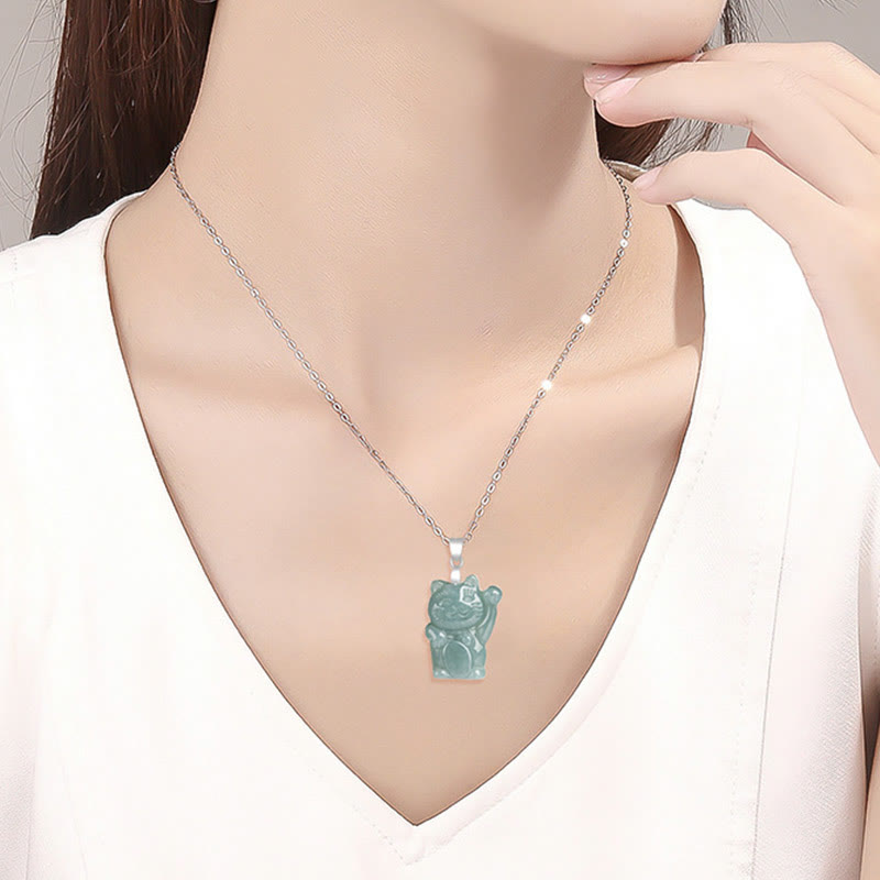 Collana con ciondolo in acciaio al titanio e gatto portafortuna in giada naturale Buddha Stones - image 7