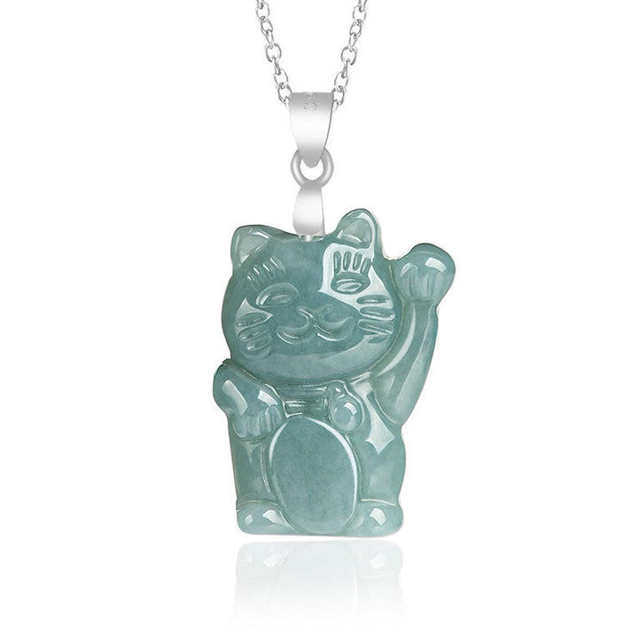 Collana con ciondolo in acciaio al titanio e gatto portafortuna in giada naturale Buddha Stones - Giada - image 0