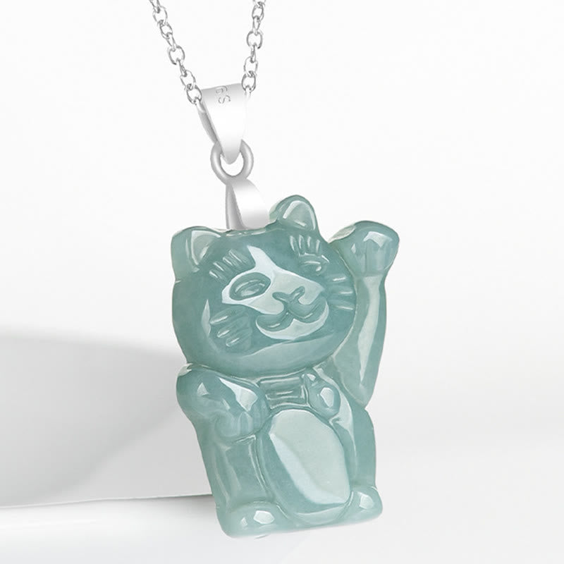 Collana con ciondolo in acciaio al titanio e gatto portafortuna in giada naturale Buddha Stones - image 2