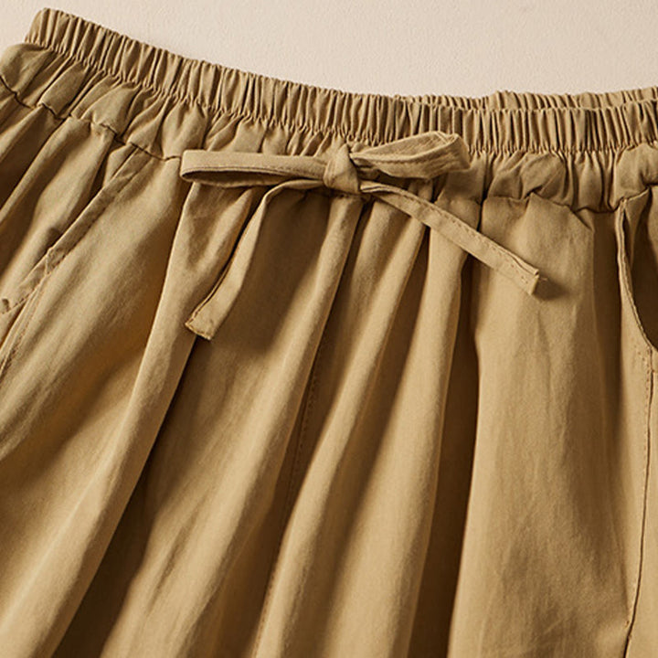 Pantaloncini da donna in cotone con coulisse, casual, tinta unita, con tasche, motivo a rughe , Buddha Stones - image 2