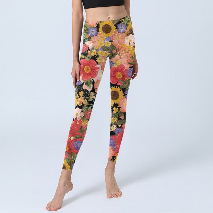 Leggings sportivi da fitness con stampa di Buddha Stones Girasoli Rosa Viola Fiori Pantaloni da yoga da donna - image 5