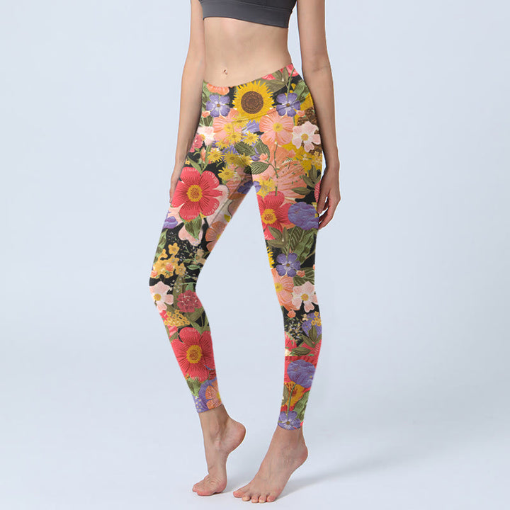 Leggings sportivi da fitness con stampa di Buddha Stones Girasoli Rosa Viola Fiori Pantaloni da yoga da donna - Nero - US18, UK/AU22, EU50 (4XL) - image 0
