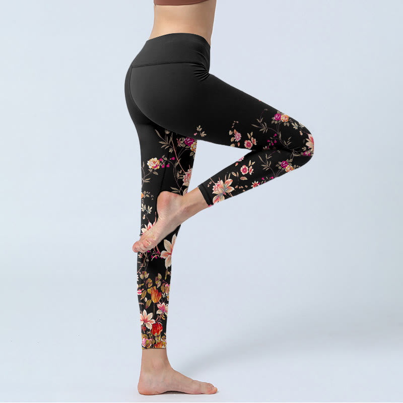 Buddha Stones Rose rosa Fiori beige Stampa Leggings da palestra Fitness Pantaloni da yoga da donna - image 3