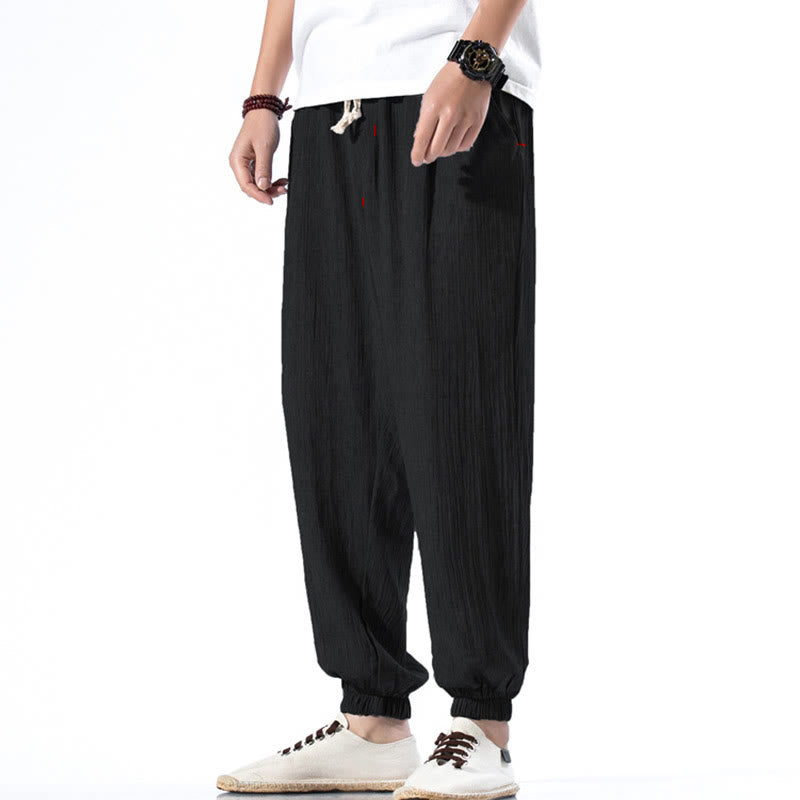 Pantaloni da uomo in lino con coulisse, casual, tinta unita, con tasche , Buddha Stones - Nero - US/UK/AU46, EU56 (5XL) - image 9