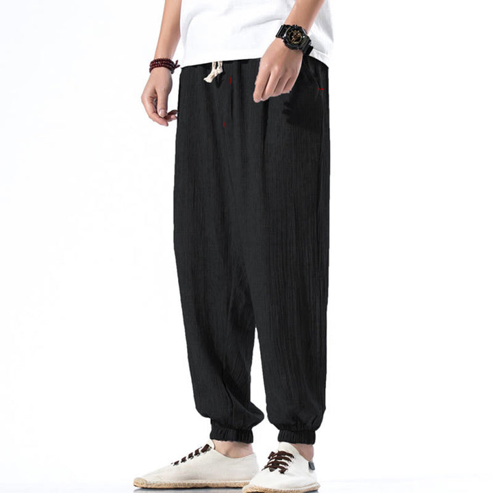 Pantaloni da uomo in lino con coulisse, casual, tinta unita, con tasche , Buddha Stones - Nero - US/UK/AU46, EU56 (5XL) - image 9