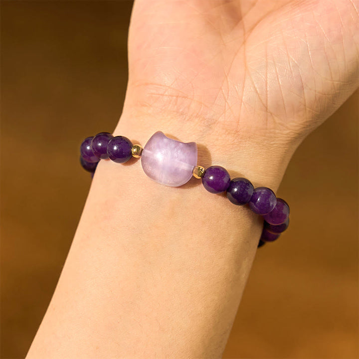 Braccialetto portafortuna con testa di gatto, ametista, avventurina verde, quarzo rosa, fluorite e Buddha Stones - image 3