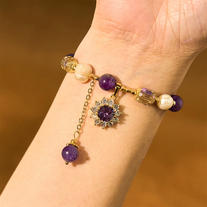 Braccialetto di comunicazione con perle di ametista naturale e girasole Buddha Stones