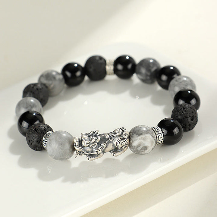 Braccialetto di protezione Buddha Stones 999 Sterling Silver PiXiu Onice nero Diaspro grigio Lava Rock - Onice nero, diaspro grigio e pietra lavica (circonferenza del polso: 14-15 cm) - image 0