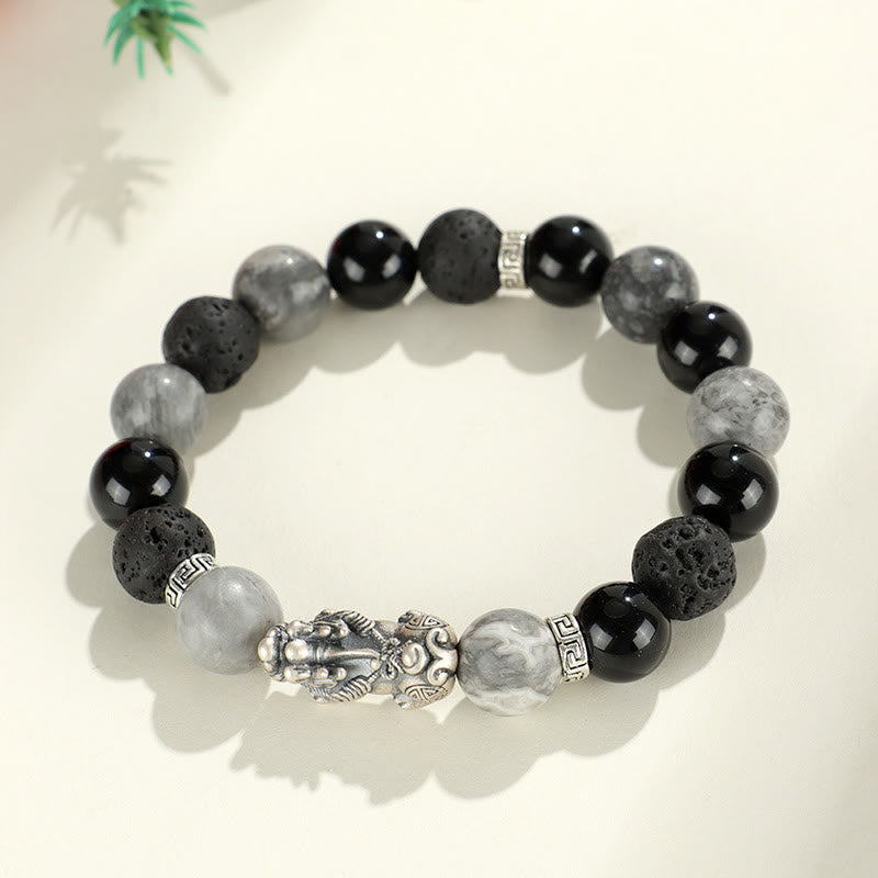 Braccialetto di protezione Buddha Stones 999 Sterling Silver PiXiu Onice nero Diaspro grigio Lava Rock - image 11