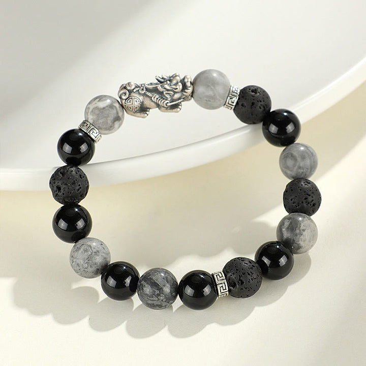 Braccialetto di protezione Buddha Stones 999 Sterling Silver PiXiu Onice nero Diaspro grigio Lava Rock - image 2