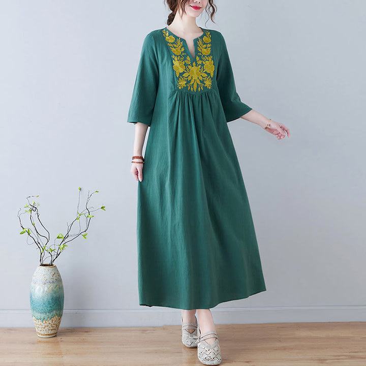 Abito lungo in lino di cotone con scollo a V, manica a tre quarti, ricami Buddha Stones casual floreali, design semplice - Verde - US8-10, UK/AU12-14, EU40-42 (2XL) - image 18