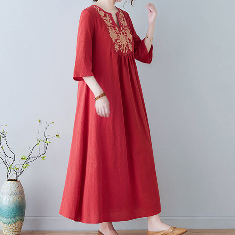 Abito lungo in lino di cotone con scollo a V, manica a tre quarti, ricami Buddha Stones casual floreali, design semplice - image 13