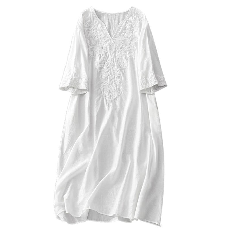 Abito midi estivo con maniche corte, scollo a V, tasche, ricamo a foglia e fiore, colore bianco puro, motivo Buddha Stones - image 12