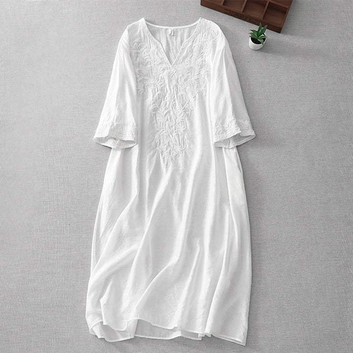 Abito midi estivo con maniche corte, scollo a V, tasche, ricamo a foglia e fiore, colore bianco puro, motivo Buddha Stones - Bianco - US8-10, UK/AU12-14, EU40-42 (2XL) - image 0