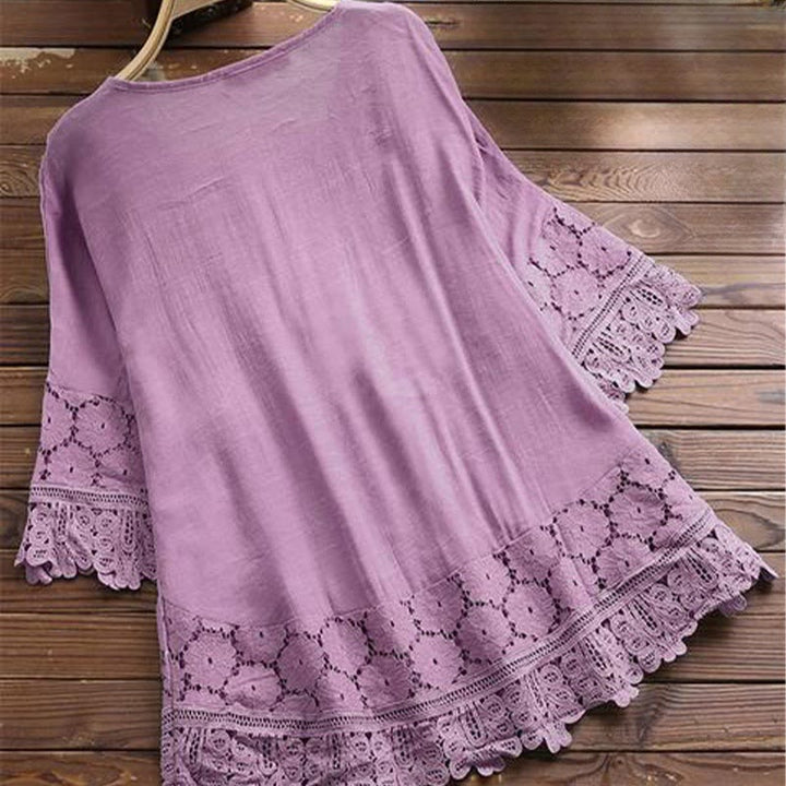 Camicia da donna in cotone con maniche a tre quarti e lacci, motivo a foro con ricamo floreale vintage Buddha Stones - image 6