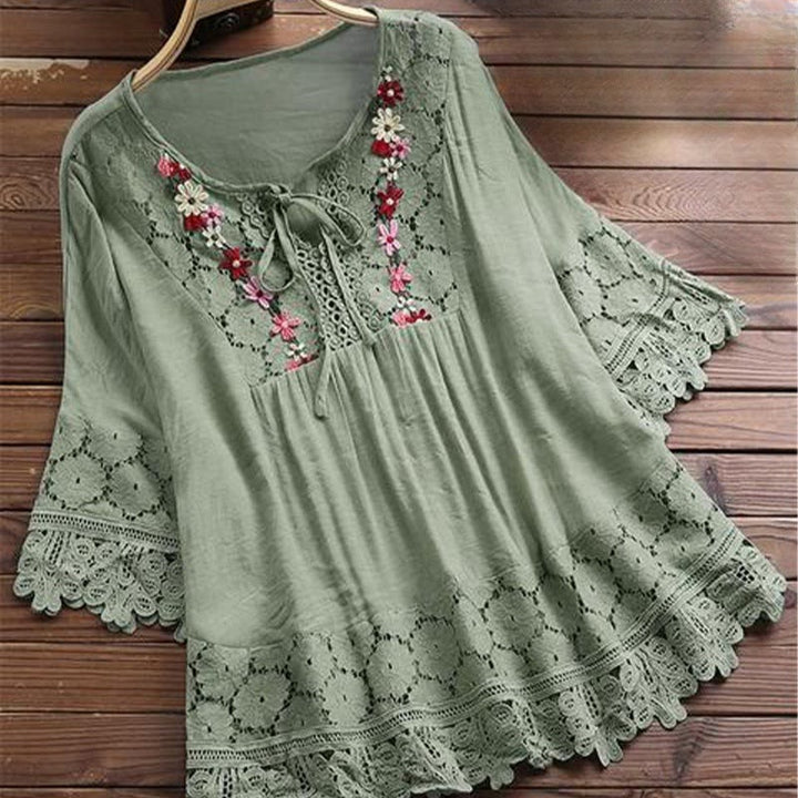 Camicia da donna in cotone con maniche a tre quarti e lacci, motivo a foro con ricamo floreale vintage Buddha Stones - Verde mare medio - US16, UK/AU20, EU48 (5XL) - image 7