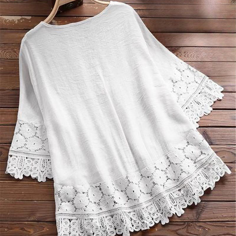 Camicia da donna in cotone con maniche a tre quarti e lacci, motivo a foro con ricamo floreale vintage Buddha Stones - image 4