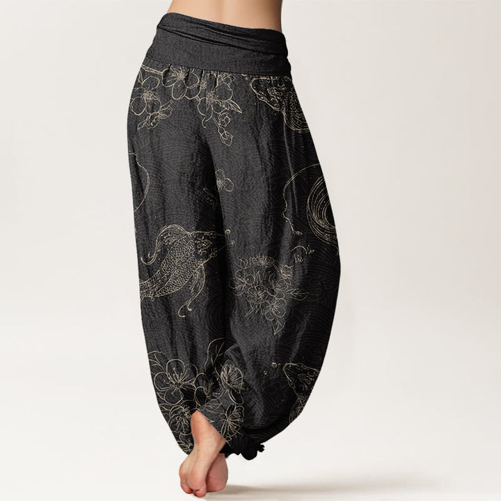Pantaloni harem da donna con elastico in vita e motivo floreale in cotone con pesci koi Buddha Stones - image 2