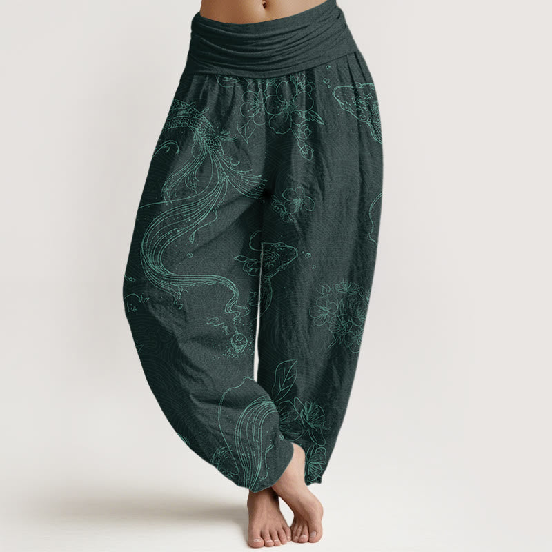 Pantaloni harem da donna con elastico in vita e motivo floreale in cotone con pesci koi Buddha Stones - Ciano scuro - US22, UK/AU26, EU54 (6XL) - image 5