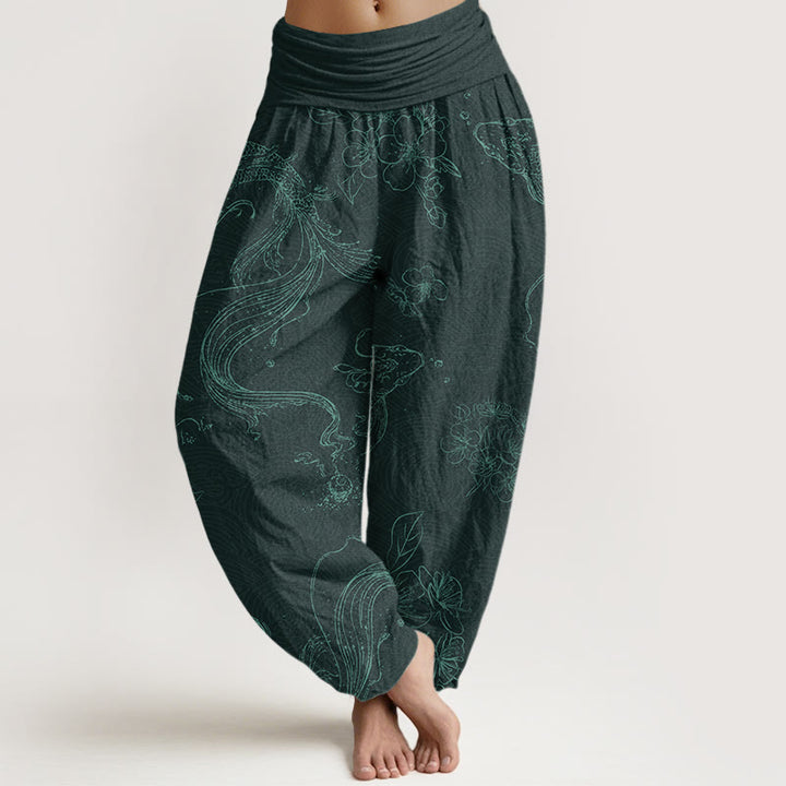 Pantaloni harem da donna con elastico in vita e motivo floreale in cotone con pesci koi Buddha Stones - Ciano scuro - US22, UK/AU26, EU54 (6XL) - image 5