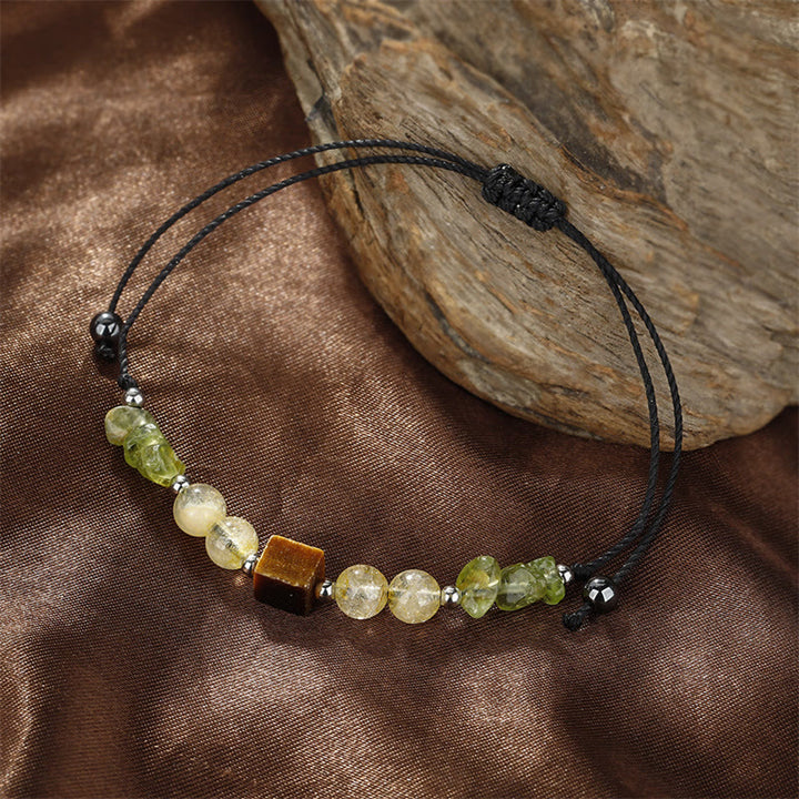 Buddha Stones Trova la tua gioia Braccialetto in corda della pace con peridoto, citrino, occhio di tigre