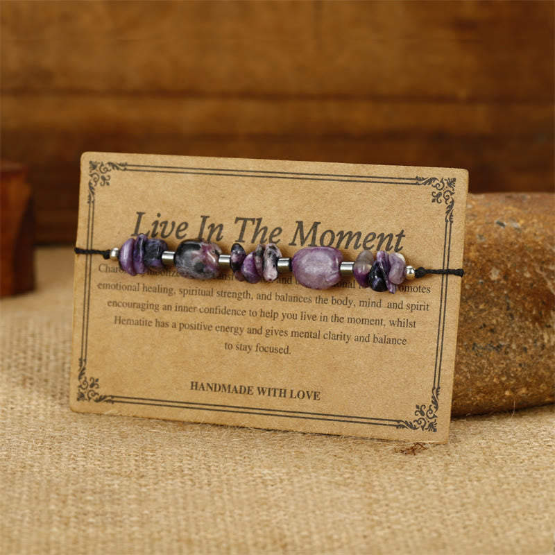 Buddha Stones Vivi nel momento Bracciale potente in ematite e charoite