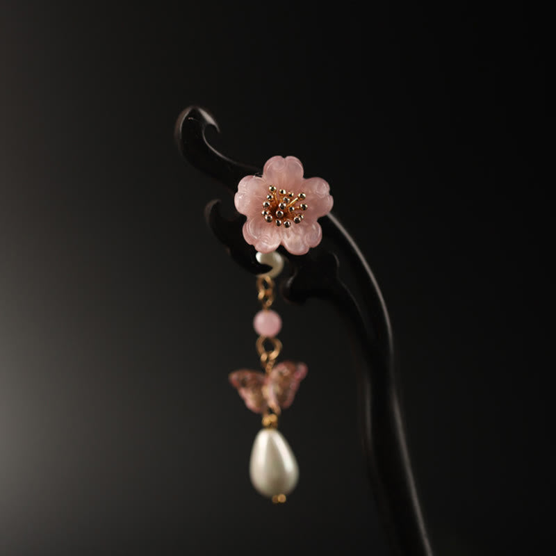 Forcina per capelli con farfalla e fiore di ebano Buddha Stones