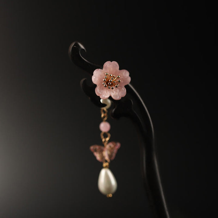 Forcina per capelli con farfalla e fiore di ebano Buddha Stones