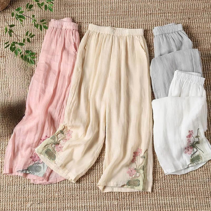 Pantaloni a gamba larga da donna con tasche, motivo a fiore di loto, motivo a foglia di loto, ricamo estivo Buddha Stones - image 4