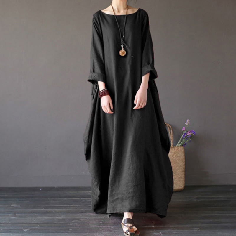 Abito lungo da donna in cotone con maniche a tre quarti e tinta unita Buddha Stones - Nero - US16, UK/AU20, EU48 (5XL) - image 11