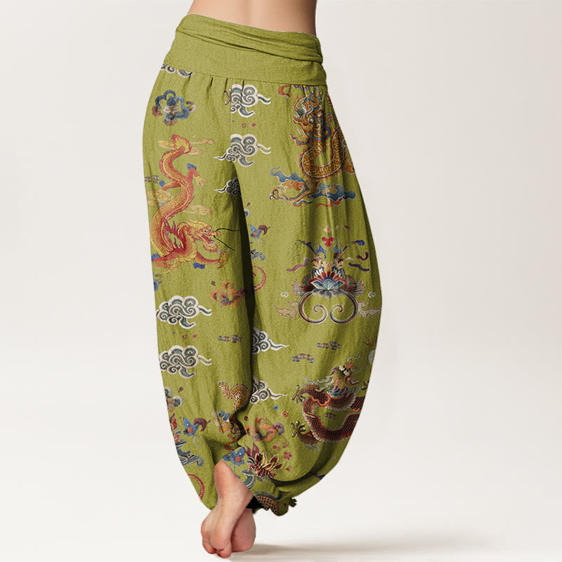Pantaloni harem da donna con elastico in vita, in Buddha Stones , con draghi dorati e nuvole di buon auspicio - image 8