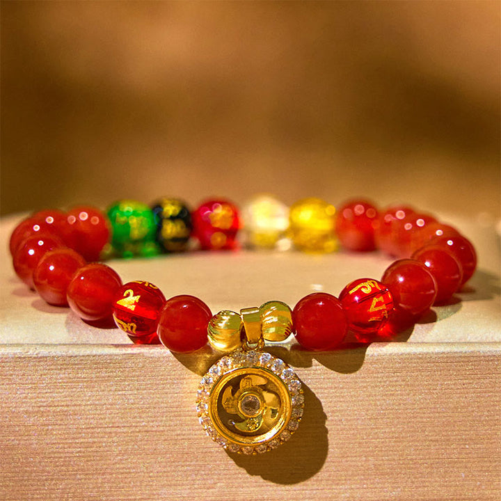 Buddha Stones Agata rossa Om Mani Padme Hum Cinque direzioni Dei della ricchezza Zircone Ciclone Charm Braccialetto di accettazione di sé