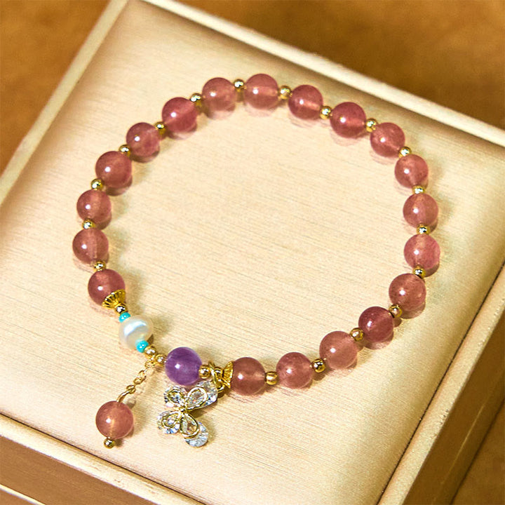 Braccialetto con ciondolo a farfalla in quarzo fragola verde con Buddha Stones e quarzo fragola naturale