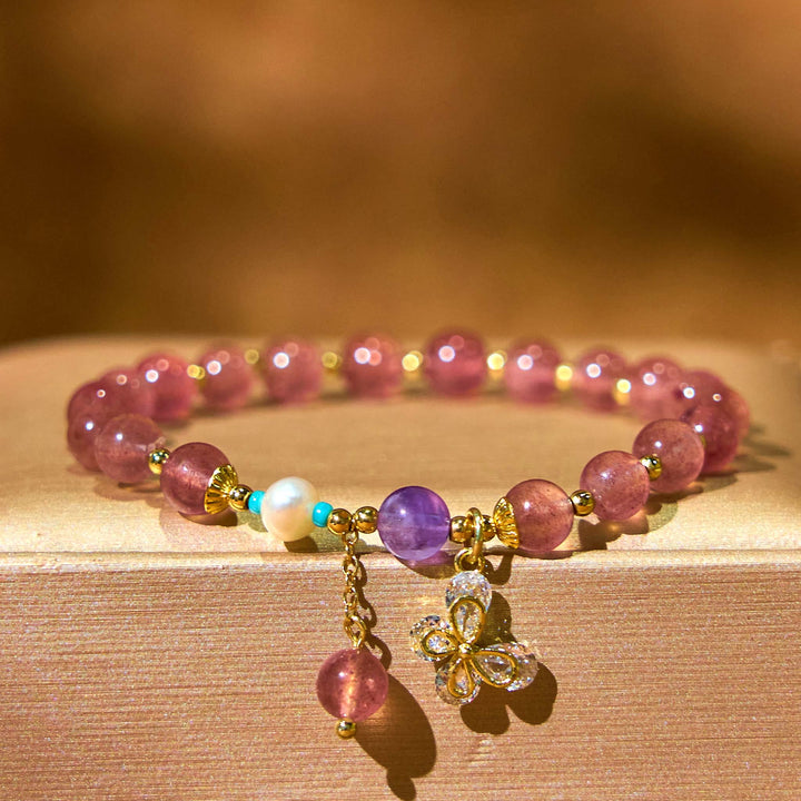 Braccialetto con ciondolo a farfalla in quarzo fragola verde con Buddha Stones e quarzo fragola naturale